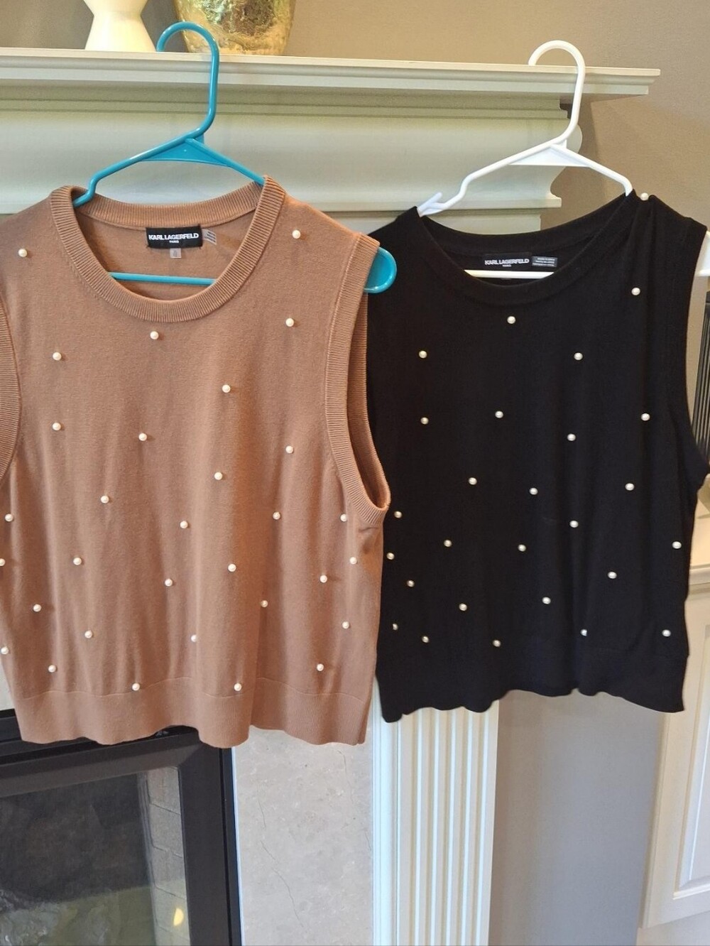 Karl Lagerfeld Pearl-Embellished Sleeveless Knit Tank in Brown and Black